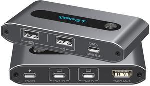XPTSFDU USB C KVM Switch 1 Monitor 2 Computers 4K60Hz HDMI KVM Switcher for 2 USB C Port Laptops Sharing One HDMI Display and Three USB Devices
