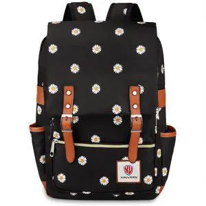 Xinveen Slim Vintage Laptop Backpack, Flower College School Backpack Unisex Casual Travel Daypack for Women Men Daisy Black
