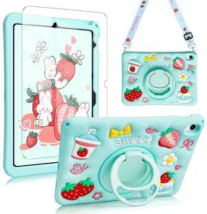for iPad 10th Generation Case 10.9 inch 2022 for iPad A16 11th Generation Case 2025 with Screen Protector Shoulder Strap 3D Cartoon Cases with 360 Degree Rotating Stand Shockproof Protective Cover