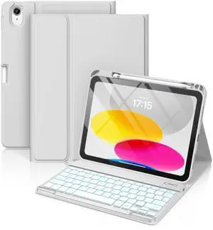 Hamile for iPad 11th 10th Generation Case with Keyboard - 7 Colors Backlit Wireless Detachable Folio Keyboard Cover with Pencil Holder for iPad A16 11-inch 2025 10th Gen 10.9 Inch 2022 (Light Gray)