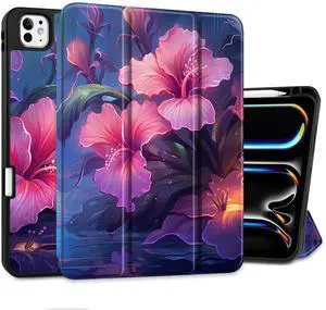 Yebiseven Case for M4 iPad Pro 11 inch 2024 Released Model A2836/A2837/A3006, Shockproof Tablet Case with Pencil Holder & Auto Wake/Sleep & Soft TPU Back Cover, Hibiscus Flower