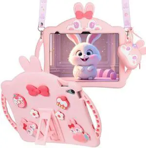 YOUSIDUN for iPad 10th Generation Case for iPad 10th 10.9 Cover with Wallet Shoulder Straps Handle Cute Rabbit Soft Silicone Tablet Cases Kids Girls for10th Gen 2022 10.9''-Pink
