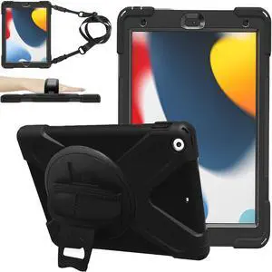 ZenRich iPad 9th/8th/7th Generation Case 10.2-inch with Screen Protector, Shockproof Heavy Duty Case with 360deg Rotating Stand/Hand Strap/Shoulder Strap (Black)