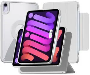 ZENLU iPad Mini 6th 7th Generation Case Removable Magnetic Folio Cover, Premium PU Leather, Multiple Angles Stand, Pencil Slot Charging Support, Full Protective Case for 8.3 inch iPad Mini 6 7 (Grey)