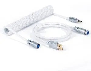 ZIYOU LANG C05 Custom Coiled USB C Cable with Metallic Sequin Double Weave Nylon Braided Cord Detachable CNC Metal Aviator Spiral Line for Charging Smartphone Connecting RK Keyboard PS4 Switch(White)
