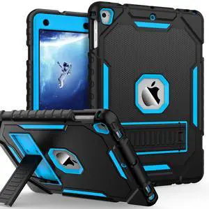 ZoneFoker 9.7" Case for iPad 6th/5th Generation 2018/2017, Air 2/Air 1st/Pro 9.7, Heavy Duty Shockproof Protective Cover with Built-in Stand for iPad 6/5 Gen (Black+Blue)