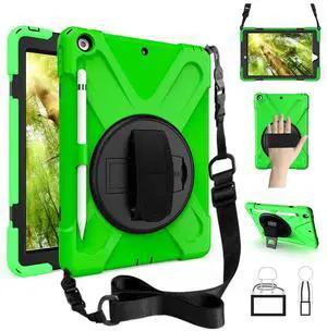 ZenRich Shockproof Case for iPad 9th/8th/7th Generation 10.2 inch 2021/2020/2019, Heavy Duty Rugged Case with Pencil Holder/360deg Rotating Kickstand/Handle/Carrying Strap, Green
