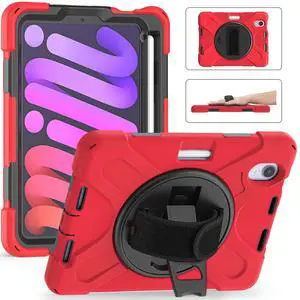ZenRich Shockproof Case for iPad mini 7 (A17 Pro) 2024/ iPad mini 6th 2022, Heavy Duty Rugged Case with Pencil Holder/360degRotating Kickstand/Handle/Carrying Shoulder Belt,Red