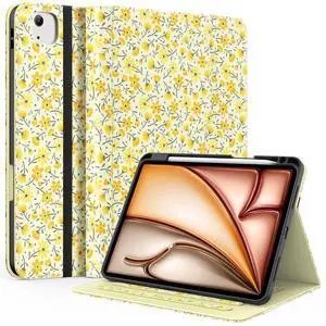 ZoneFoker Case for iPad Air 11-inch M3/ M2 (2025/2024), iPad Air 5th/ 4th Generation 10.9'' (2022/2020), iPad Pro 11 (4th/3rd/2nd/1st Gen), Multi-Angle Stand Cover with Pencil Holder, Yellow Flower
