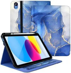 Zonefoker Case for iPad 11 inch (A16) 2025, for 10th Generation 10.9'' 2022, Leather iPad 11th/10 th Gen Protective Cover with Stand, Auto Sleep/Wake, Pencil Holder, Pocket Desige, Marble Gray Blue