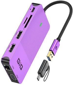 USB Docking Station GIQ USB C HUB USB 3.0 to Dual HDMI VGA Adapter Triple Display USB C Laptop Docking Station Dual Monitor HDMI Splitter Extender Compatible with MacBook M1 M2 USB Dock-Purple