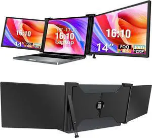 FQQ 14" Triple Laptop Screen Extender, 1920 * 1200P FHD IPS Portable Monitor for 15" - 17.3" Laptop, 16:10, Dual Monitor Display for Win/MAC(Not Included M1, M2, M3), HDMI/USB-C Plug & Play