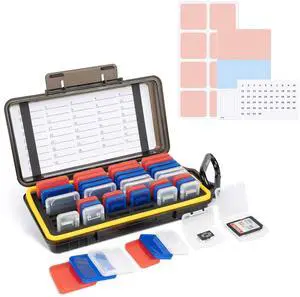 Dual Protect Memory Card Case with 42 PCS Clear Memory Card Holders for 24 SD SDXC SDHC & 18 TF MSD Cards, Water-Resistant Anti-Shock MicroSD SD Card Storage Carrying Organizer Protector with Labels