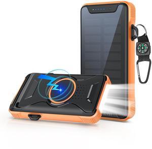 Lekzai Solar Power Bank, Real Rated 10,000mAh Portable Wireless Fast Charger USB-C PD 20W, External Battery Pack with LED Flashlight for Outdoor, Camping -Orange