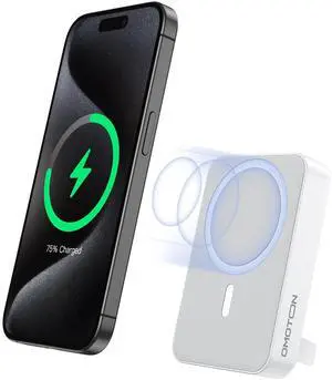 OMOTON Portable Charger Power Bank - 10000mAh Magnetic Fast Charging Battery Pack for iPhone 15 (Above 11 Series), LED Display Indicators and Foldable Stand- Gray White