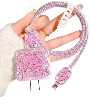 Luxury Cable Protector Suitable for iPhone 18W/20W Charger Clear Wave Edge Glitter Design,Data Line Cable Case Cable Saver Phone Charger Protector for iPhone XR 8 11 12 13 14 Plus Pro Max - Pink