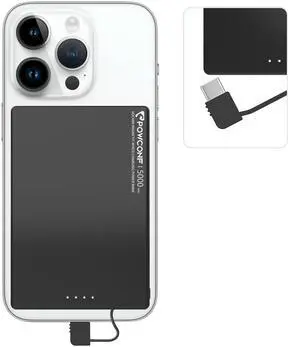 Magnetic Portable Charger, 5000mAh Portable Wired phone Charger with Built-in USB-C Cable &Anti fingerprint, 0.36in Ultra Slim Portable Battery Charger for iPhone 15/Pro/Pro Max&Andriod Devices, Black