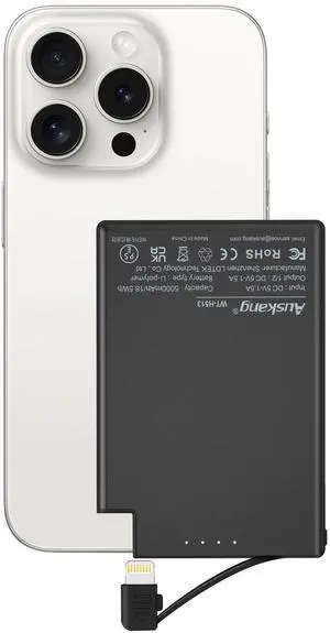Auskang Portable Charger with Built in Lightning Cable 5000 mAh Magnetic Non- Wireless Small Slim Power Bank for iPhone 14 13 12 11 X 8 7 6 SE Series (Not for iPhone 15 16 Series)
