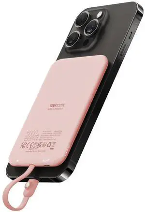 VEEKTOMX Slim Portable Charger, 5000mAh Lightweight Power Bank with Built-in Cable for iPhone, Ultra Thin Battery Pack Compatible with iPhone14/13/12/XS/Pro/Airpods(Non-Wireless Charging), Pink