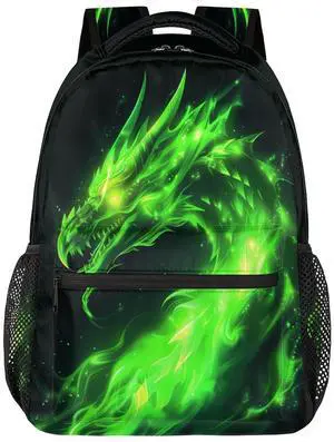 YPPAHHHH Green Fire Dragon Backpacks for Girls Kids Boys, Chinese Dragon Pattern Lightweight School Bags Travel Backpack College Student Bookbag Casual Hiking Daypack Laptop Backpack
