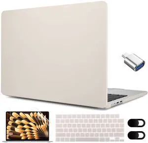 MEEgoodo Clear Case for M4/M3/M2 MacBook Air 15 inch Case 2025 2024 2023(Fit Model A3241/A3114/A2941),Laptop Hard Shell with Keyboard & Camera Cover & OTG Adapter for MacBook Air 15.3",Cream Rock Grey
