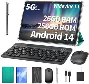 Android Tablet with Keyboard, 26GB RAM, 256GB ROM(1TB Expand), 10.1 inch Android 14 Tablet, 8000mAh Battery, BT 5.0, GMS Certified, 2.4G&5G WiFi, 2 in 1 Tablets with Mouse, Case, Stylus(Green Case)