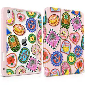 MEEgoodo Case for iPad A16 11th Generation 11 inch 2025/10th Gen 10.9 inch 2022, Cover with Transparent Acrylic Back Shell,Tablet Case with Pencil Holder+Auto Wake/Sleep+Trifold Stand, Fruit & Sticker