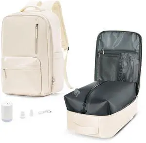 vivatote Travel Backpack for Men Women, 40L Carry On Backpacks with Pump Vacuum Compression System, Built-in USB Charger Port, Laptop Compartment 15.6 Inch, Flight Approved Business Back Pack, Beige