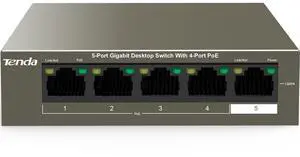 Tenda TEG1105P, 5 Port Gigabit PoE Switch Compatible with IEEE 802.3af/at Devices, Unmanaged PoE Switch with 4 Port PoE+@63W, Plug & Play, Fanless & Metal Design, Limited Lifetime Protection