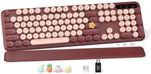SABLUTE Wireless Keyboard, Round Keycaps, Retro Typewriter Keyboard with Detachable Wrist Rest, Sleep Mode, Foldable Legs, 2.4GHz Full-Size Cordless Computer Keyboard for Windows/PC/Laptop (Wine Red)