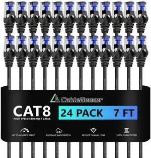 CableGeeker Patch Cables Cat8 7ft 24 Pack Slim, Cat8 Ethernet Patch Cable 40G 2000MHz Support, Snagless RJ45 Cat 8 Patch Cable for Patch Panel to Switch, Flexiable Network Cable - 7 Feet Black