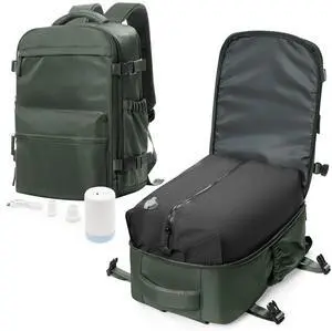 Vacuum Travel Backpack with Pump for Women,Personal Item Carry on Backpacks Flight Approved 18x14x8 inches for Men,Laptop Waterproof Work Compression bags Casual Daypack Green.