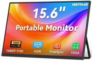 HotYeah Portable Monitor, 15.6-in 1080P FHD Laptop Monitor USB-C HDMI External Computer Display HDR FreeSync IPS w/Kickstand & Speaker, 2nd Screen for Laptop PC Mac Phone Tablet Switch PS5 Xbox