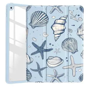 JOYLAND Sea Shells Case for iPad Pro 11-inch (M4) 2024 5th Generation,Clear Acrylic Hard Back Ice Blue Case with Pencil Holder Trifold Stand Tablet Cover (Model Number:A2836/A2837/A3006)