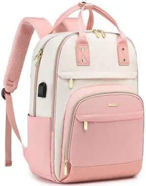 Laptop Backpack Women Work Bags - 15.6 inch Travel Backpack with USB Charger College Bookbag Waterproof Business Computer Backpack Anti-theft Casual Work Backpacks for Women Nurse Teacher Beige-Pink