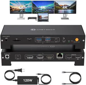 USB C Laptop Docking Station 3 Monitors Triple 3840*2160@60Hz Display with 120W Power Supply Computer PD 100W 15 in 1 Thunderbolt Dock Station for Multiple Monitors with USB 3.2 Port SD/Micro SD Solt