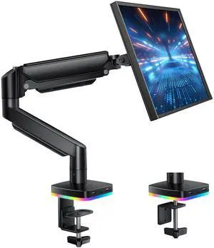 RGB Single Monitor Arm Desk Stand Gas Spring Computer Adjustable Monitor Mount for 13-32 inch Screens with RGB USB & USB-C High Speed Data Transfer C Clamp & Grommet Bases 75x75/100x100 VESA