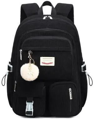 QHRIDS Backpack for Girls Big Student Corduroy Laptop Backpack for College Kids Elementary Middle High School Bag Anti Theft Bookbag Travel Daypack Womens(Corduroy Black)