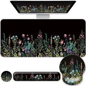 Desk Mat Set + Keyboard and Mouse Pad with Wrist Rest Support,4-in-1 Large Mousepad Computer Mats for Desktop Home & Office-Flowers Garden