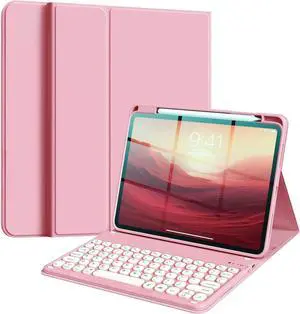 NUWONAYA Keyboard Case for iPad Air 13 inch(M3/M2)/Pro12.9 6th/5th/4th/3rd Generation, Cute Color Stand Cover with Pencil Holder, Magnetic Detachable Round Keys KeyboardPink