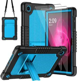 JBuwsdan for T-Mobile Revvl Tab 2 2025 10.1 inch Case with Kickstand Shoulder Strap Soft Silicone+Hard Back Hybrid Shockproof CCover Includes 2 PCS Tempered Glass Screen Protector (BlackBlue+2Pcs)