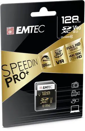 Emtec - UHS-II U3 V90 SpeedIN Pro+ SDXC Card - Memory Card - Burst Photos, Full HD, 3D, 4K, 8K UHD Videos - Storage Capacity - 2 PIN Rows on The Back - Black/Gold (128 GB)
