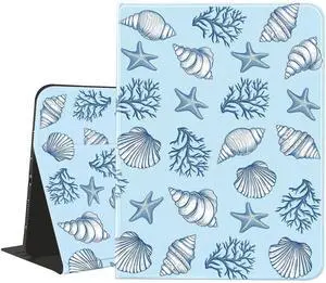 AdorableWhimsy Ocean Seashell Case for iPad mini 7 (A17 Pro) 2024/iPad Mini 6 2021 8.3 Inch with Pencil Holder Folio Girly Blue Leather Cover Multi-Angle Viewing Stand Case Auto Sleep/Wake