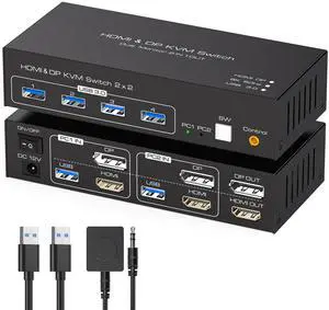 8K60Hz KVM Switch 2 Monitors 2 Computers 4K120Hz HDMI Displayport KVM Switches Dual Monitor for 2 PC Share Mouse Keyboard and 2 Displays Support Extended/Copy Mode with Extended Controller