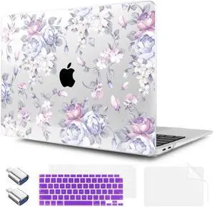 TWOLSKOO for MacBook Air 13.3 inch Case 2021 2020 2019 2018 Release M1 A2337 A2179 A1932 with Touch ID, Plastic Hard Shell Case & Keyboard Cover & Type C Adapter, Purple Peony