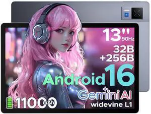 DOOGEE U13 13 inch Tablet with Gemini AI,Android 16 Tablet,11000mAh Battery,32GB+256GB,2.2Ghz Octa-Core Processor,FHD+90Hz Display Gaming Tablets,13MP+8MP,7.9mm Ultra-Thin Body,Face Unlock,Grey