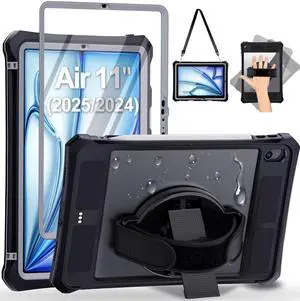 Waterproof Case for iPad Air 11 Inch Case M3/M2 (2025/2024) with Screen Protector with Pencil Holder & Stand & Shoulder Strap & Handle, Full-Body Rugged Cover, Black