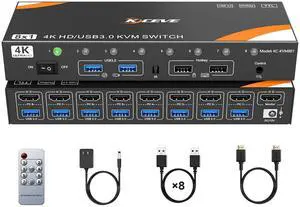 HDMI KVM Switch 8 Computers 1 Monitor, 8 Ports USB 3.0 KVM Switcher Support 4K@60Hz for 8 PC Share Keyboard and Mouse, Support Hotkey Switching Way