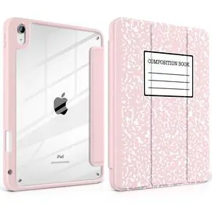MEEgoodo Case for iPad A16 11th Generation 11 inch 2025/10th Gen 10.9 inch 2022, Cover with Clear Acrylic Back Shell,Tablet Case with Pencil Holder+Auto Wake/Sleep+Trifold Stand, Pink Composition Book