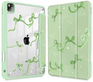 Tuiklol Case for iPad Pro 12.9 Inch M2 Case 2022 2021 2020 2018 Generation 6th/5th/4th/3rd,Built-in Pencil 2nd Holder Clear Transparent Protective Back Shell Cover, Bow-Green